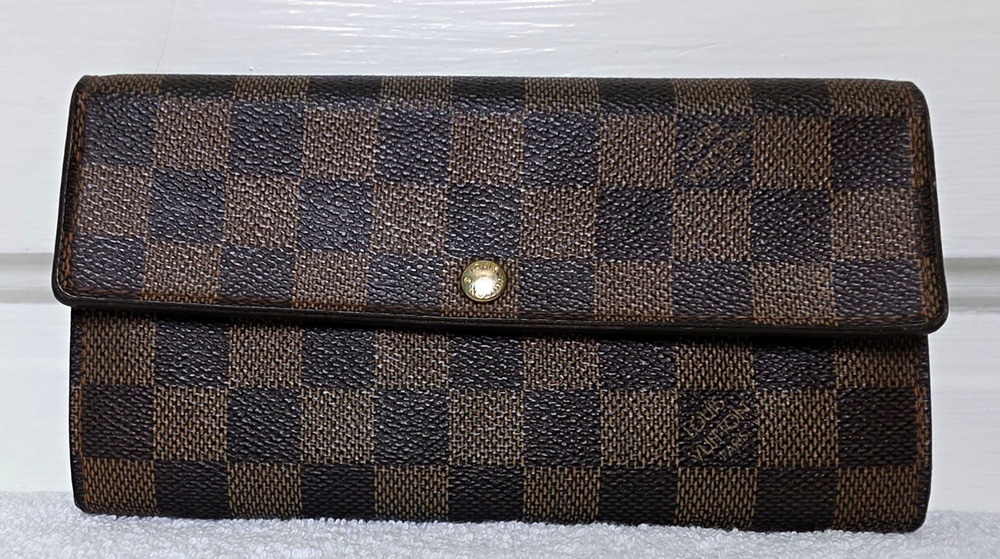 Louis Vuitton Damier Ebene Long Wallet, Logo, Card Slots, Zip Coin